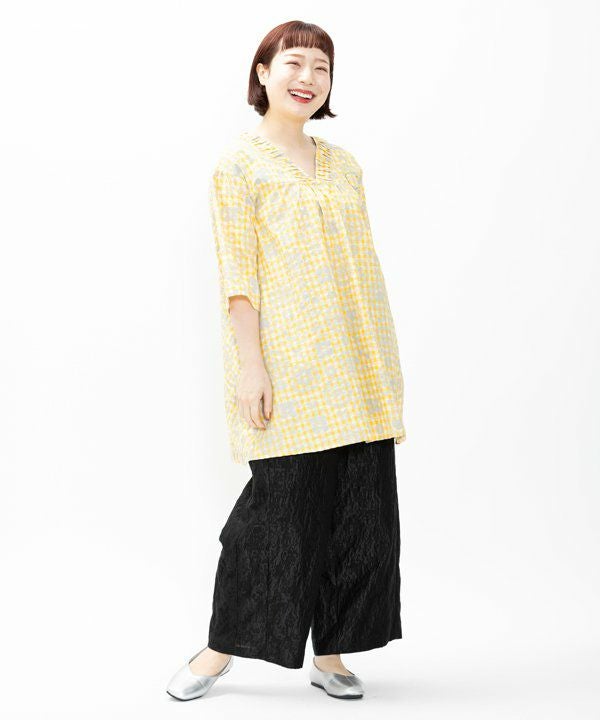 美品　45R リネンギンガムチェックの908プルシャツ　イエロー　サイズ2 45R - 美品 45R リネンギンガムチェックの908プルシャツ イエロー