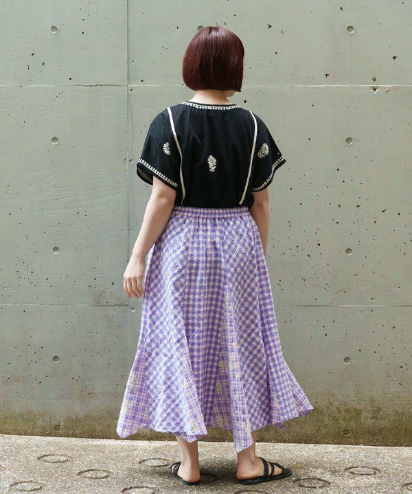 AS KNOW AS olaca 0E1441 コード刺繍とギャザSK 表面にこだわった格子SK | AS KNOW AS オンラインショップ