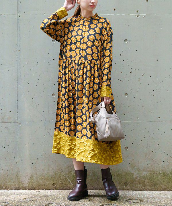 ジュンヤワタナベ イエロー花柄ワンピース ◇サマーワンピース 花柄 イエロー Vネック シフォン 韓国 (ワンピース