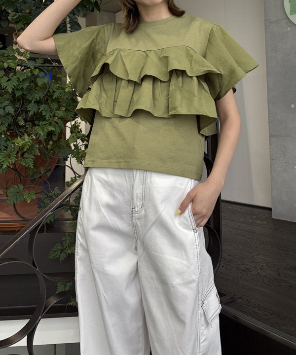 TRANOI スクエアフリルTEE ベージュ×グリーン キャップスリーブスクエアネックフリルTシャツ(90~150cm)(90cm