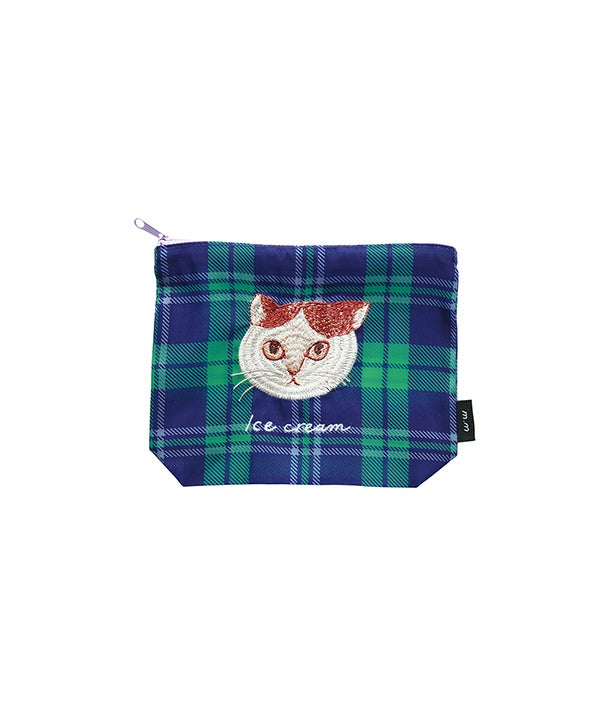 猫の刺繍付きチェック柄ポーチ Mミユキチェックポーチ | AS KNOW AS オンラインショップ