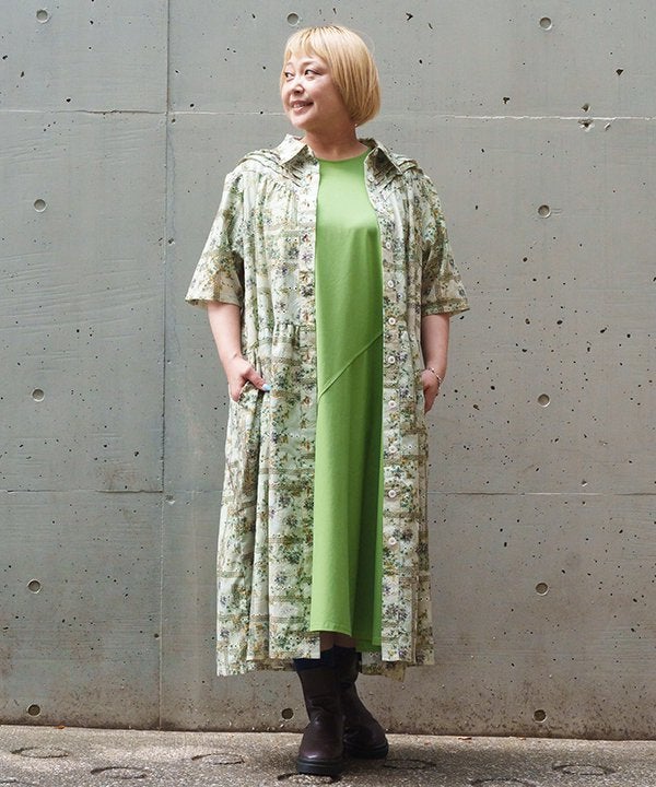 45R　カットソーワンピース　半袖　黄緑　ヤシの木　アロハ　3　大きいサイズ なめらカットOP | AS KNOW AS オンラインショップ